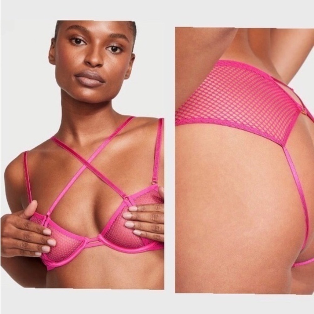 Victoria’s Secret Demi Peekaboo Bra & Open Back Panty Fishnet Set size Large